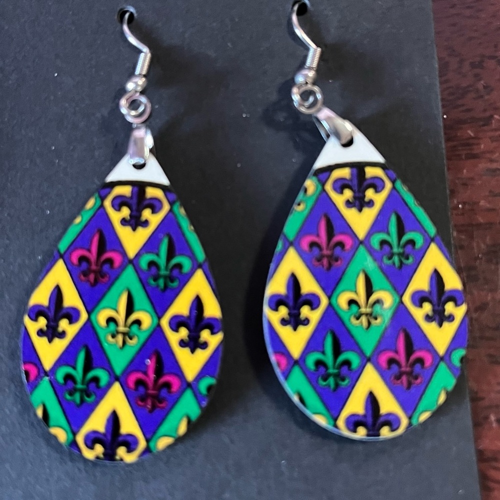 Colorful Fleur-de-Lis Teardrop Earrings Mardi gras New Orleans